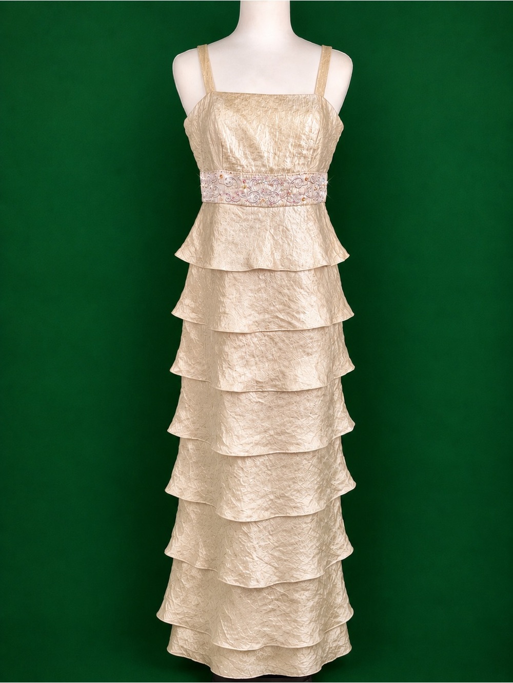 R&M Richards Champagne Tiered Ruffle Maxi Dress with Embellished Waistband